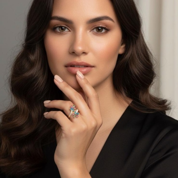 Colored Zircon Double Flower Rings - Picture 3 of 5